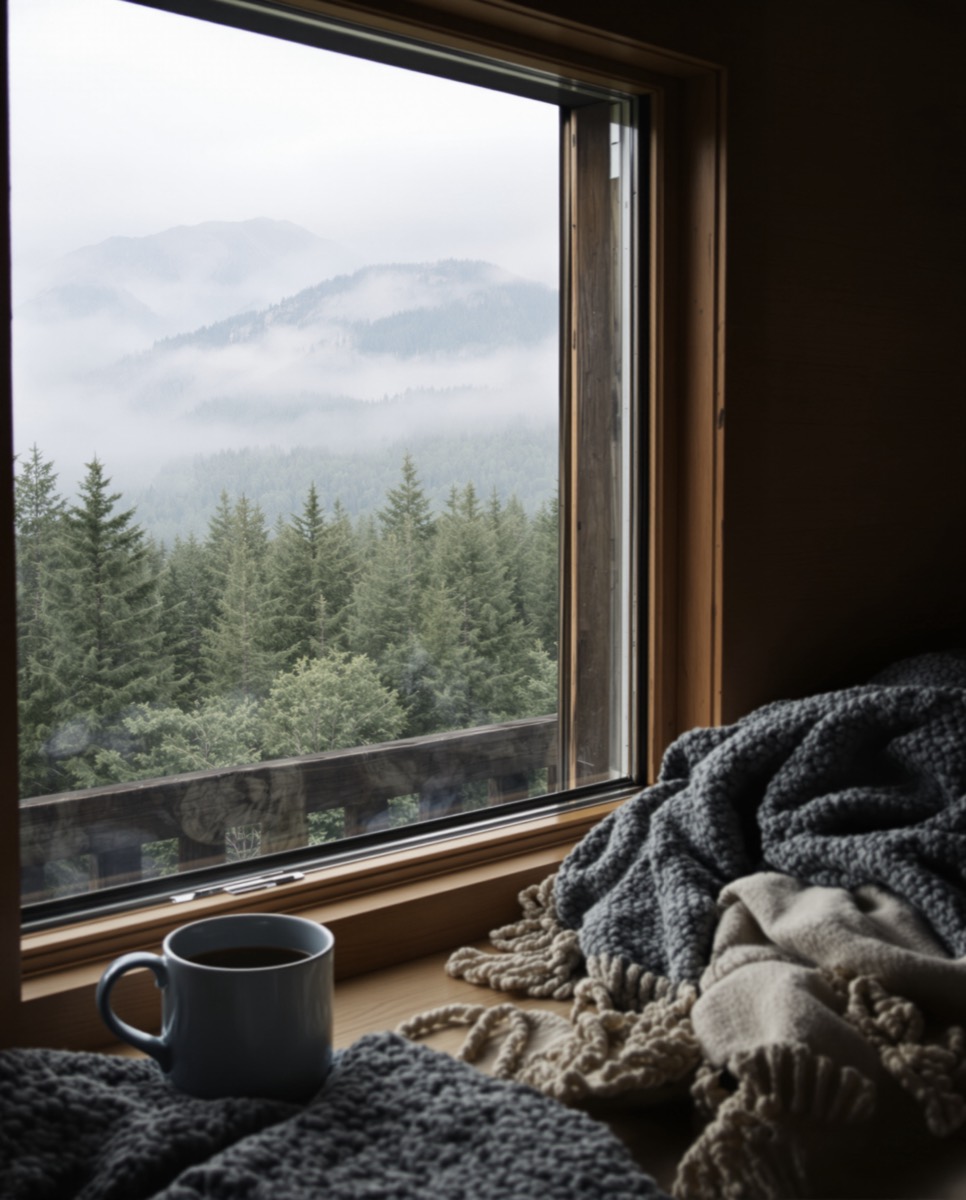 Misty pine ridges through a cabin window, a wool blanket on the sill.