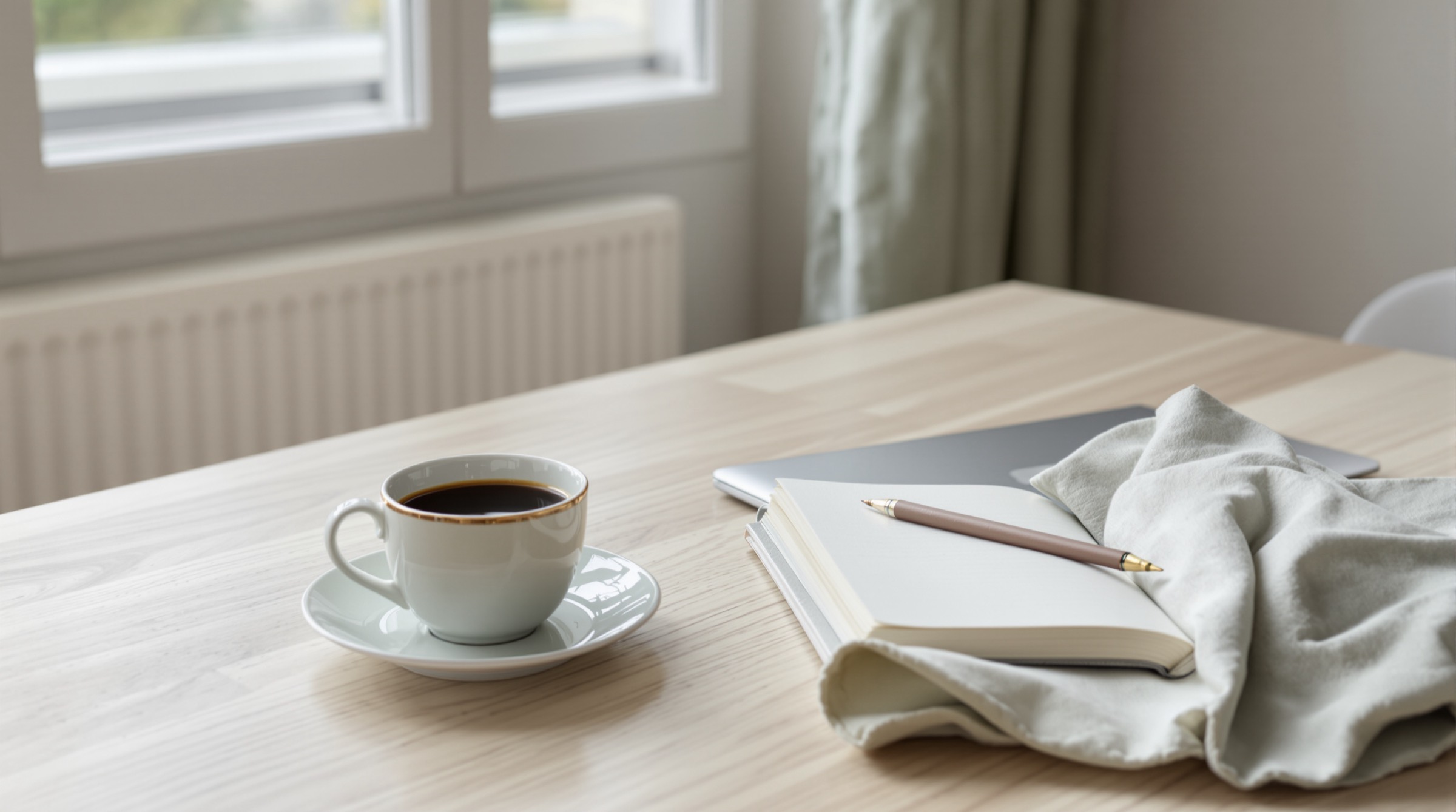 Morning light on a pale table: a coffee and an open notebook.