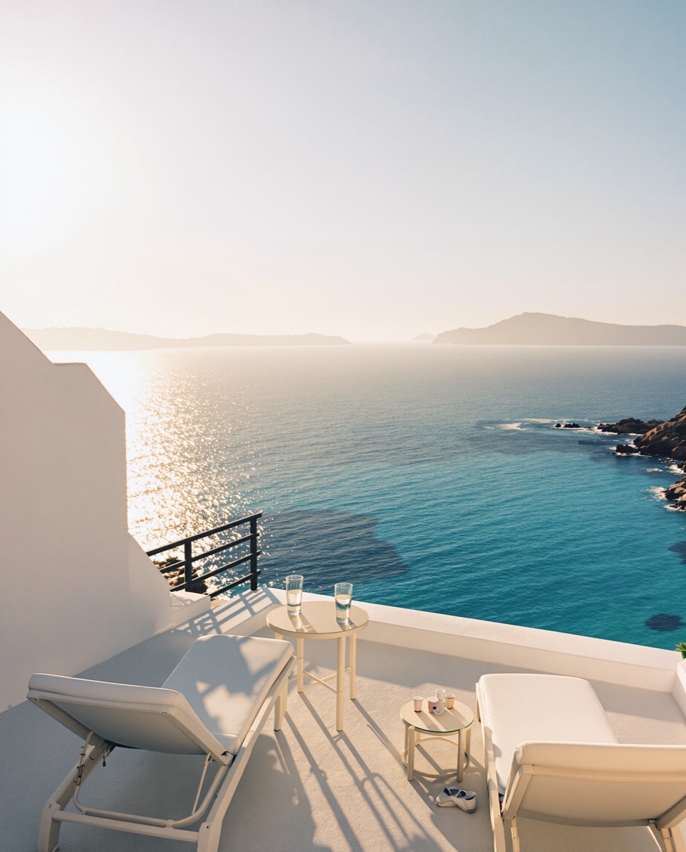 A turquoise cove at golden hour, seen from a white terrace.